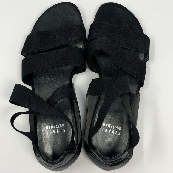 Stuart Weitzman Black Leather and Elastic Crisscross Straps Flat Sandal Open Toe - Picture 9 of 10
